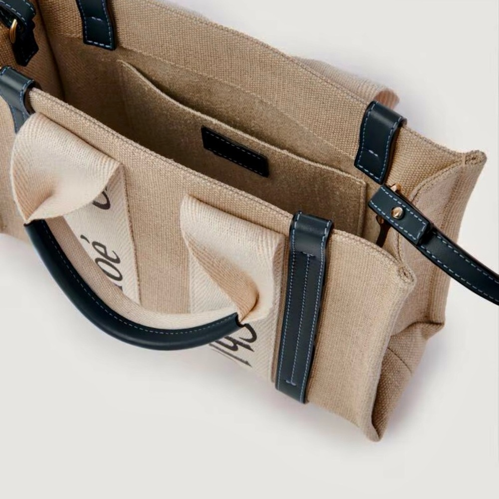 Chloé Beige Canvas Mini Woody Tote with Blue Trim and Logo Straps - Picture 7 of 10